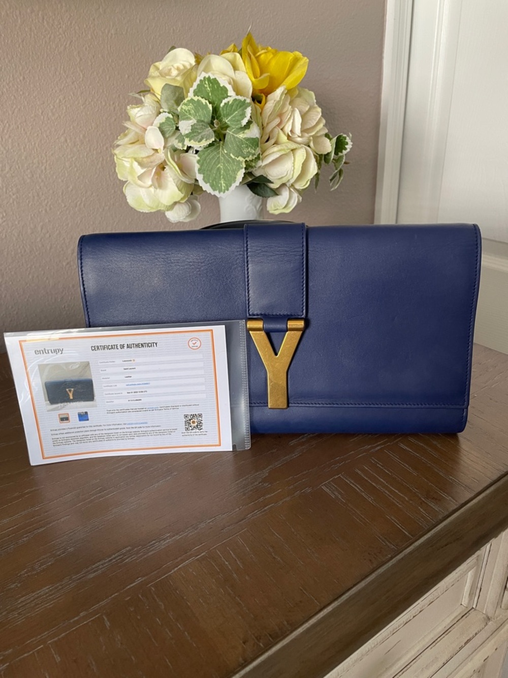 Yves Saint Laurent Deep Blue Leather Clutch with Gold Y Accent